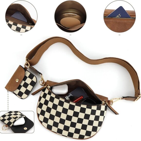 Checkerboard Purses for Women PU Leather Chest Bag Medium Sized Shoulder Bag Pla - Picture 4 of 6